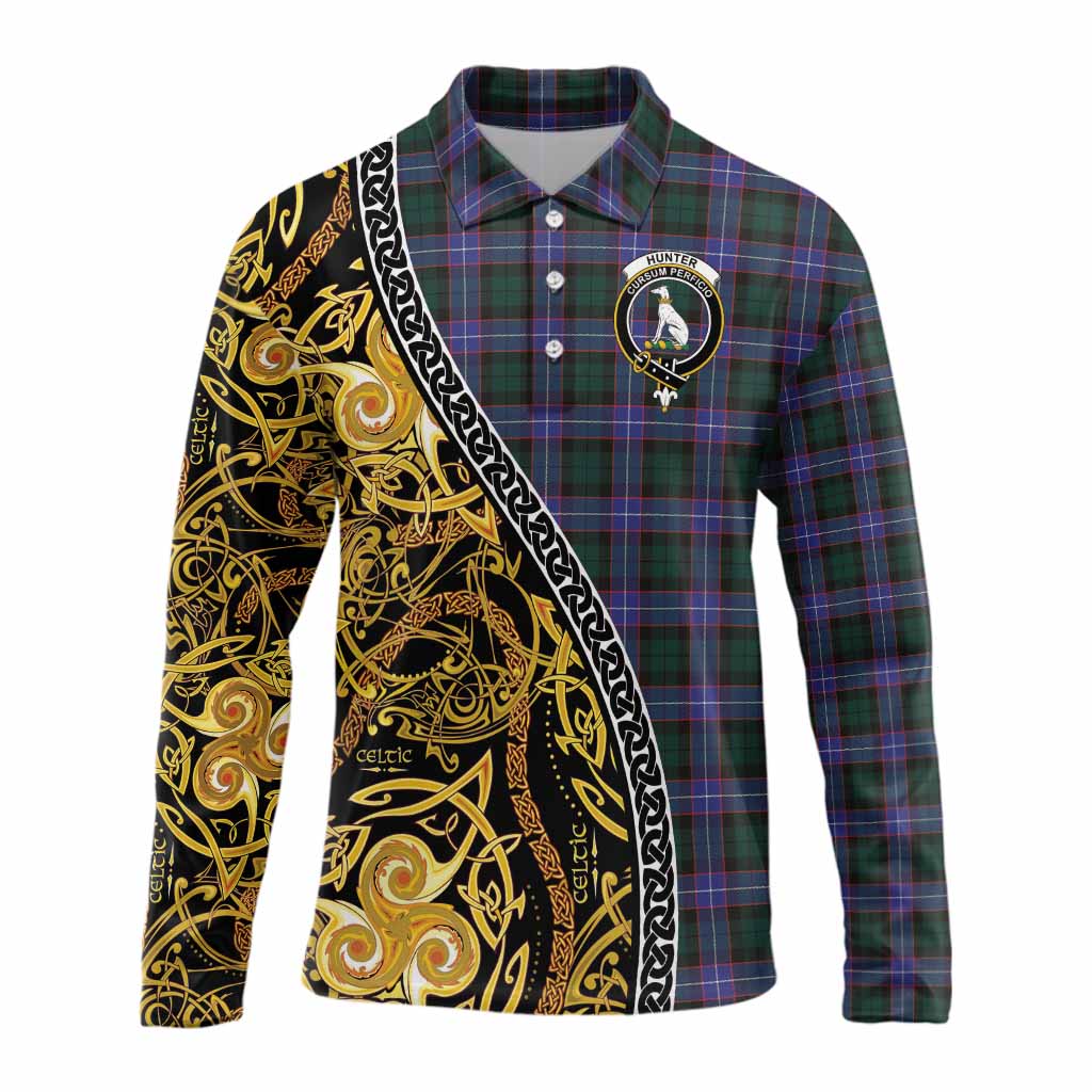 Hunter (Hunterston) Tartan Crest Long Sleeve Polo Shirt Celtic Knot and Triple Trickle Spiral Symbols