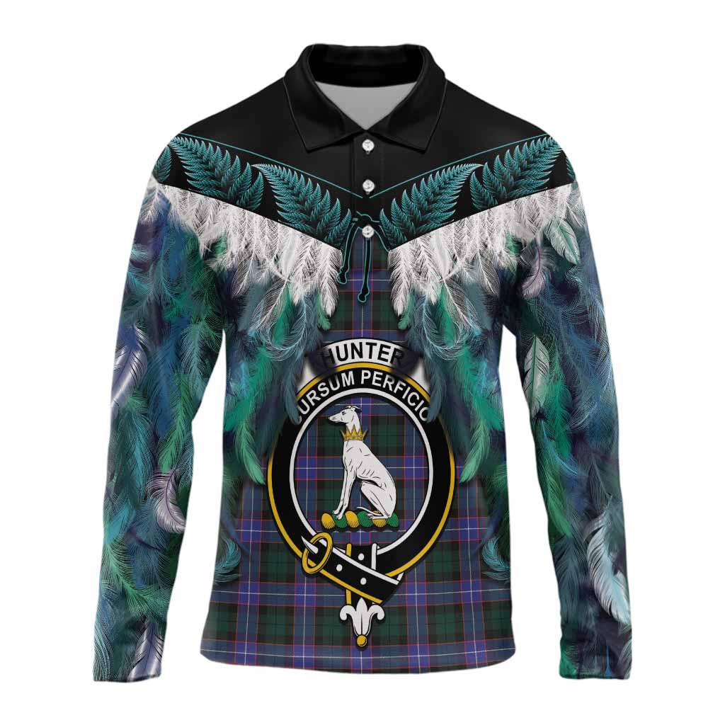 Hunter (Hunterston) Tartan Crest Long Sleeve Polo Shirt New Zealand Maori Korowai Cloak