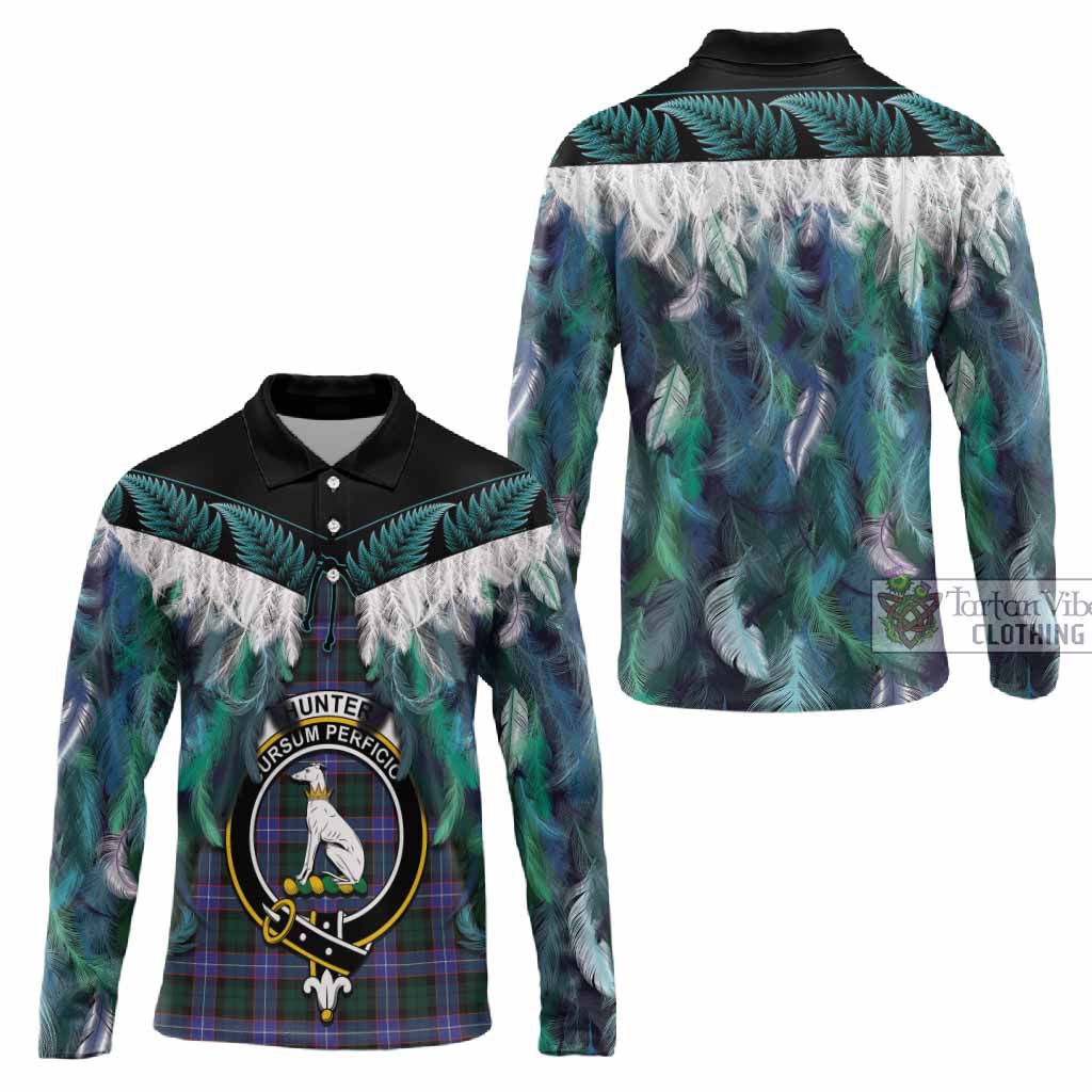 Hunter (Hunterston) Tartan Crest Long Sleeve Polo Shirt New Zealand Maori Korowai Cloak