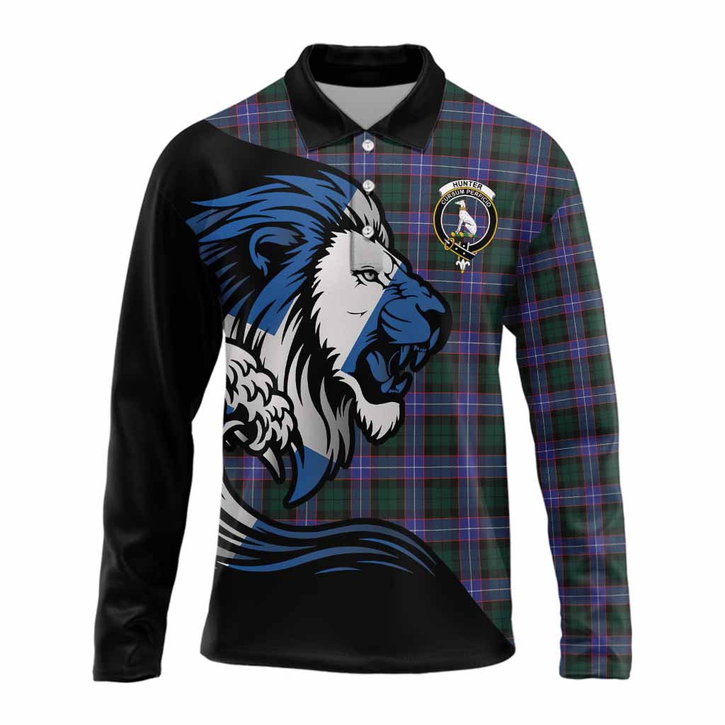 Hunter (Hunterston) Tartan Crest Long Sleeve Polo Shirt Scottish Golden Lions Wave Flow