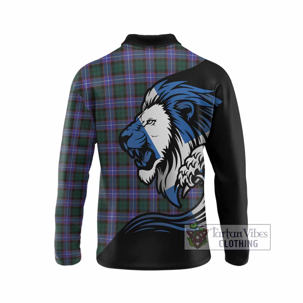 Hunter (Hunterston) Tartan Crest Long Sleeve Polo Shirt Scottish Golden Lions Wave Flow