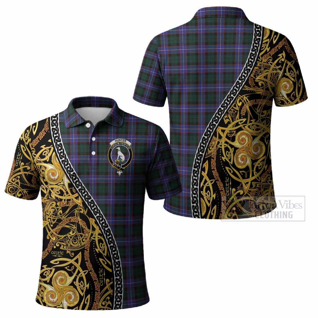 Hunter (Hunterston) Tartan Crest Polo Shirt Celtic Knot and Triple Trickle Spiral Symbols