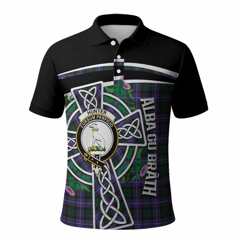 Hunter (Hunterston) Tartan Crest Polo Shirt Scottish Thistle Celtic Cross Alba Gu Brath