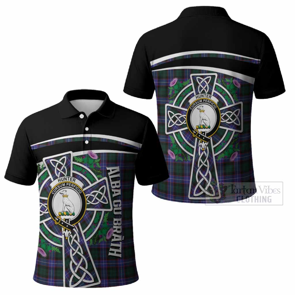 Hunter (Hunterston) Tartan Crest Polo Shirt Scottish Thistle Celtic Cross Alba Gu Brath