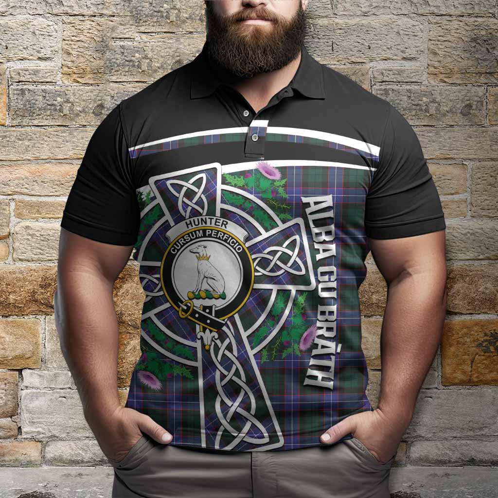 Hunter (Hunterston) Tartan Crest Polo Shirt Scottish Thistle Celtic Cross Alba Gu Brath