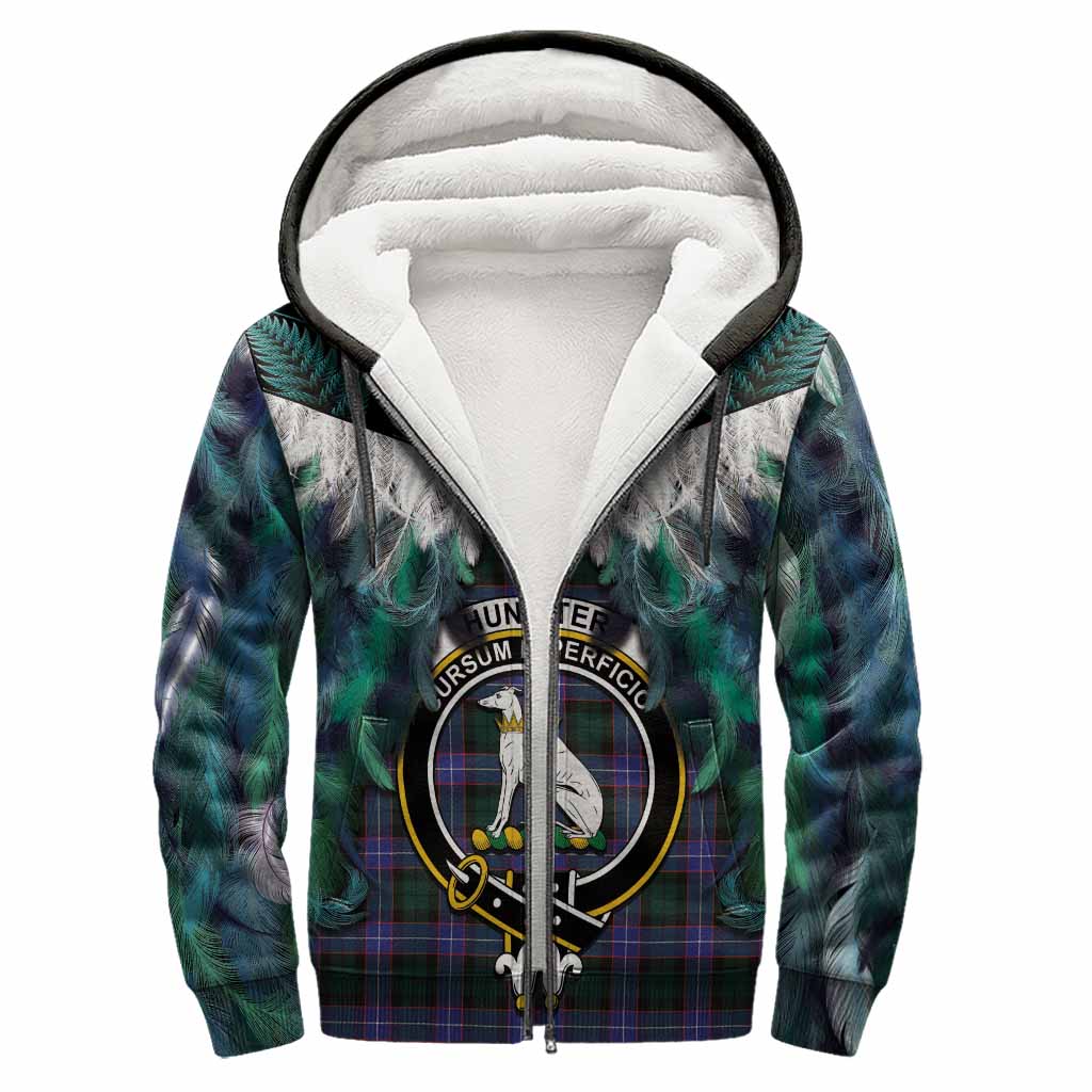 Hunter (Hunterston) Tartan Crest Sherpa Hoodie New Zealand Maori Korowai Cloak