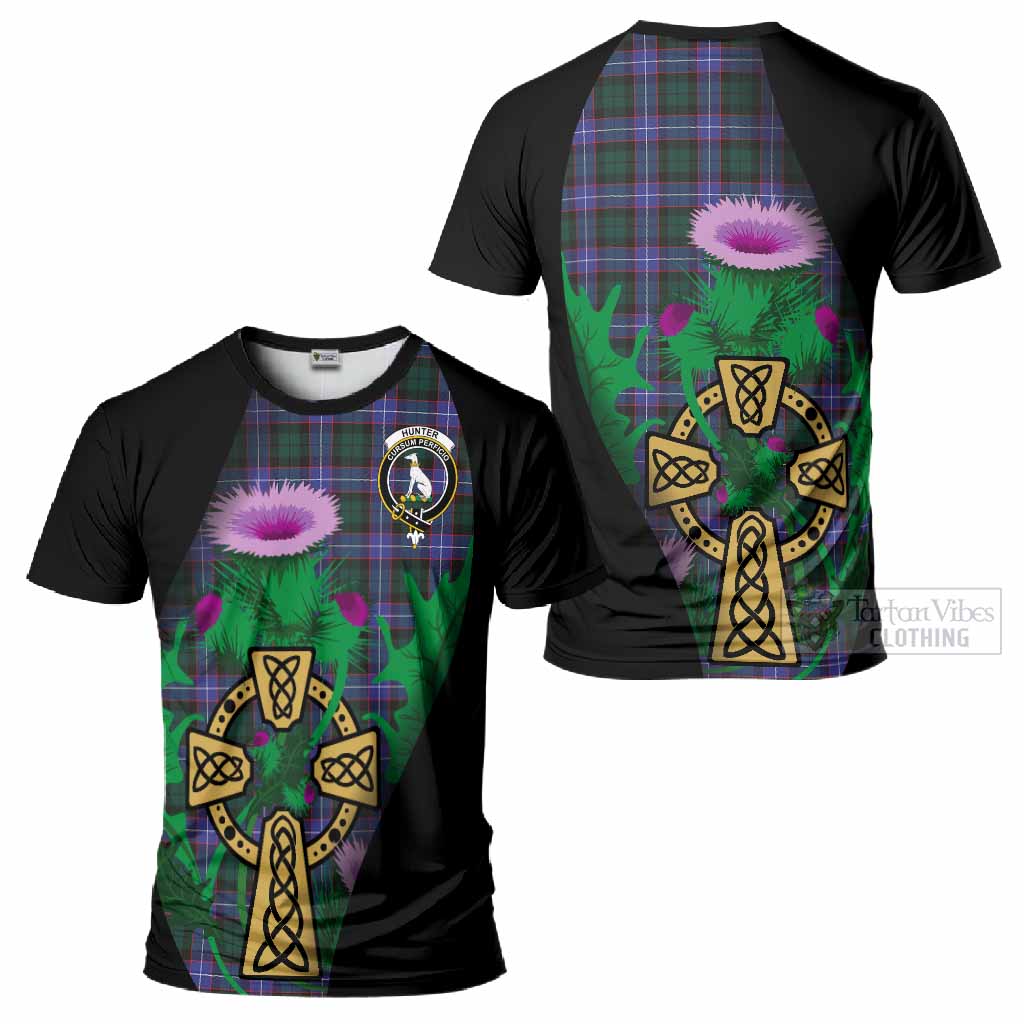 Hunter (Hunterston) Tartan Crest T-Shirt Celtic Cross Thistle Flowers