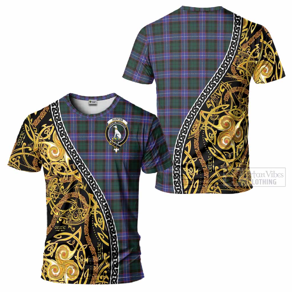 Hunter (Hunterston) Tartan Crest T-Shirt Celtic Knot and Triple Trickle Spiral Symbols