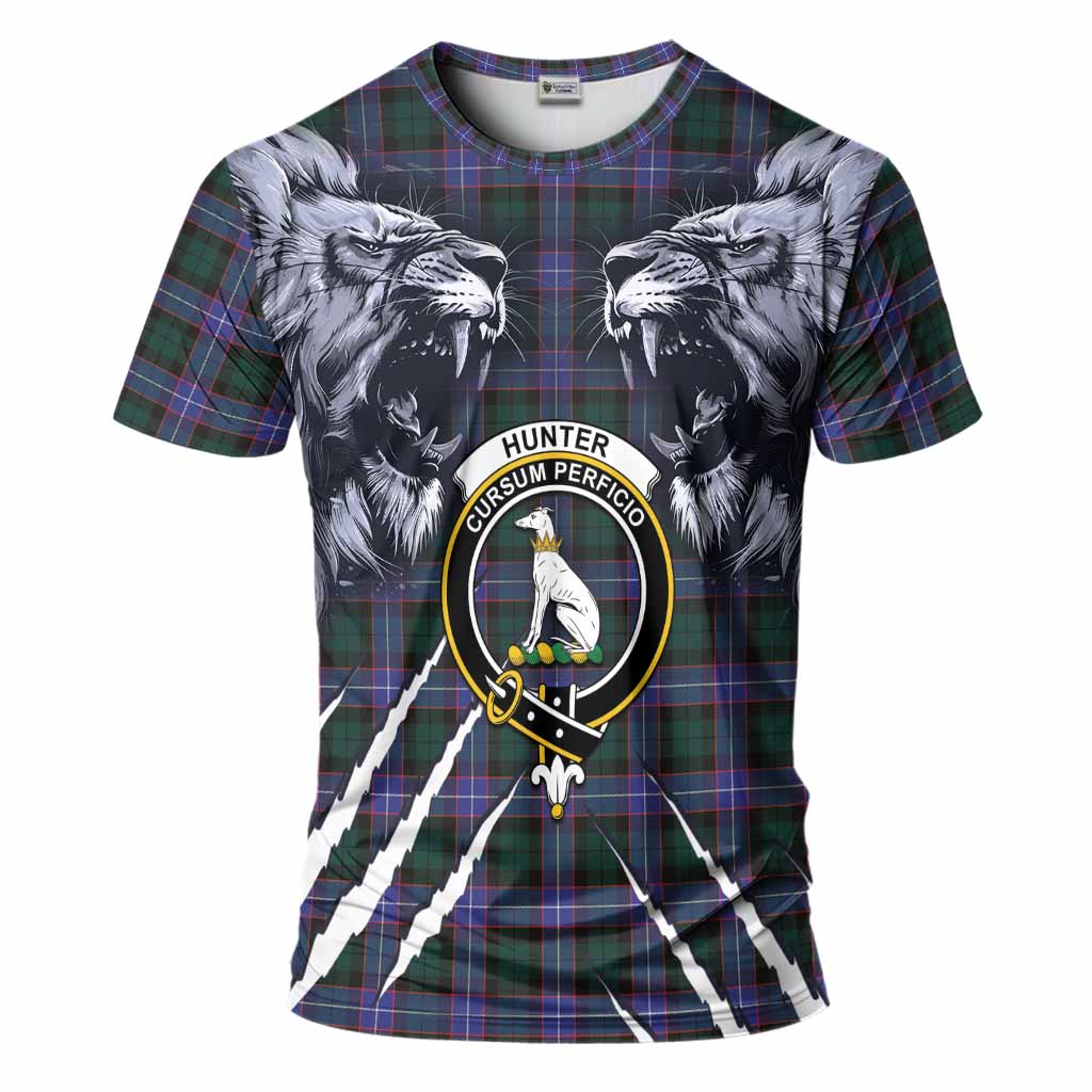 Hunter (Hunterston) Tartan Crest T-Shirt Ferocious Lion Style
