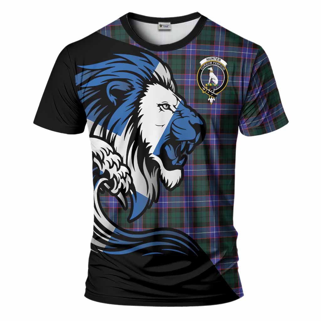 Hunter (Hunterston) Tartan Crest T-Shirt Scottish Golden Lions Wave Flow