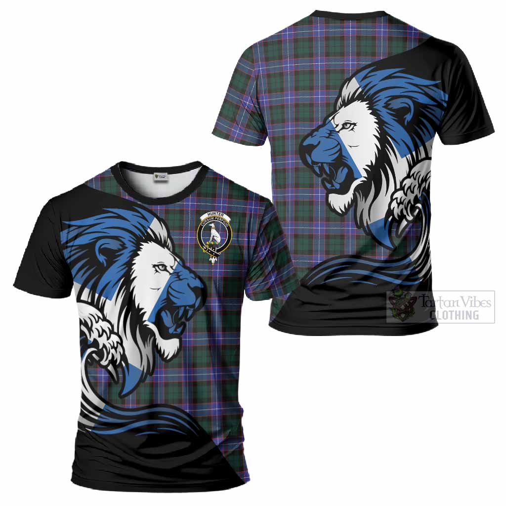 Hunter (Hunterston) Tartan Crest T-Shirt Scottish Golden Lions Wave Flow