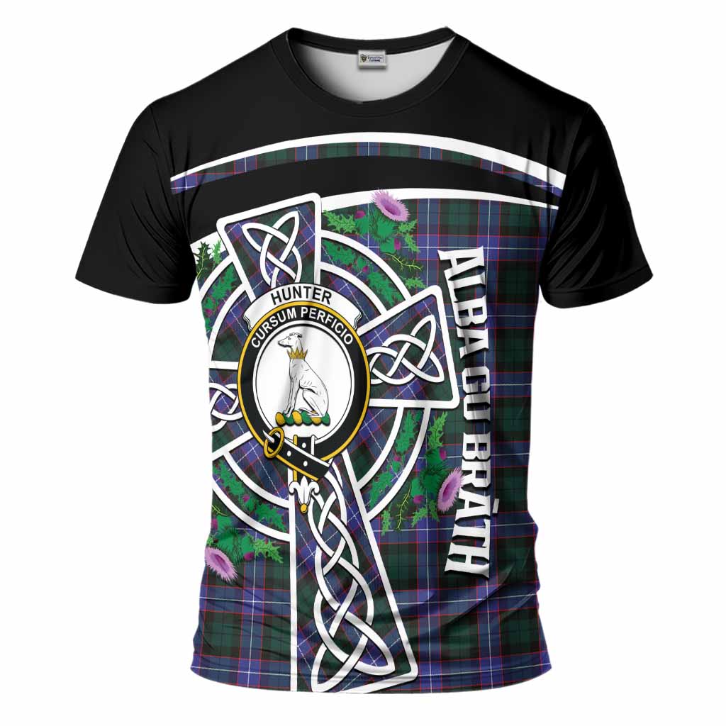 Hunter (Hunterston) Tartan Crest T-Shirt Scottish Thistle Celtic Cross Alba Gu Brath