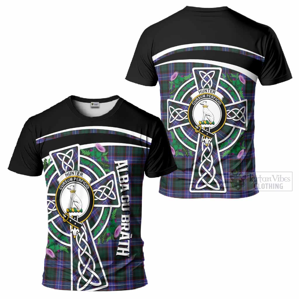 Hunter (Hunterston) Tartan Crest T-Shirt Scottish Thistle Celtic Cross Alba Gu Brath