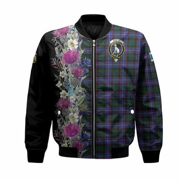 Hunter (Hunterston) Tartan Crest Thistle Floral Bomber Jacket Unisex Black - Tartan Vibes Clothing