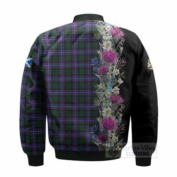 Hunter (Hunterston) Tartan Crest Thistle Floral Bomber Jacket - Tartan Vibes Clothing