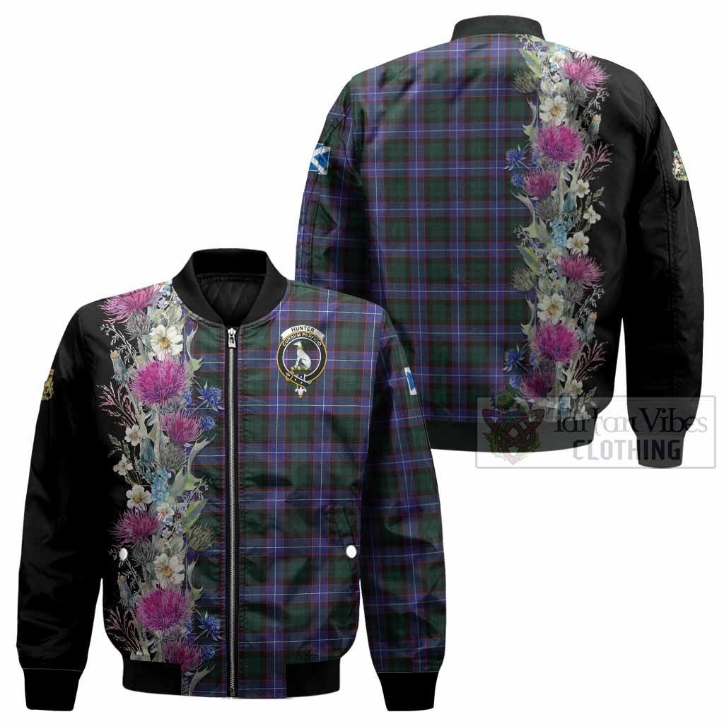 Hunter (Hunterston) Tartan Crest Thistle Floral Bomber Jacket - Tartan Vibes Clothing