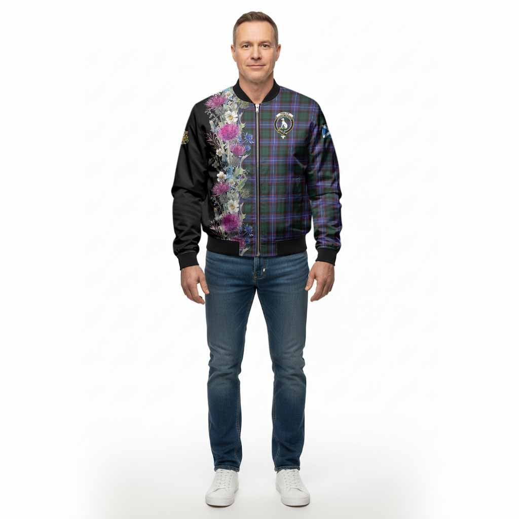 Hunter (Hunterston) Tartan Crest Thistle Floral Bomber Jacket - Tartan Vibes Clothing