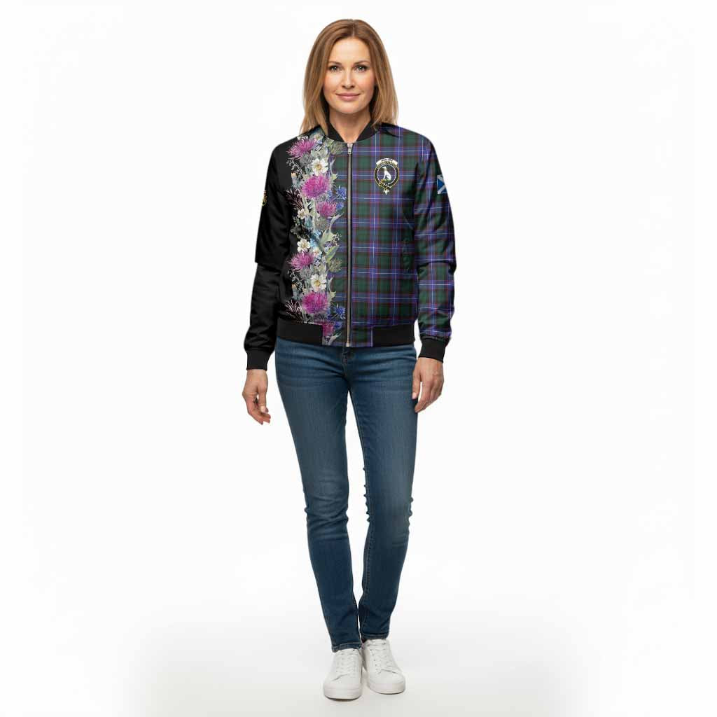 Hunter (Hunterston) Tartan Crest Thistle Floral Bomber Jacket - Tartan Vibes Clothing