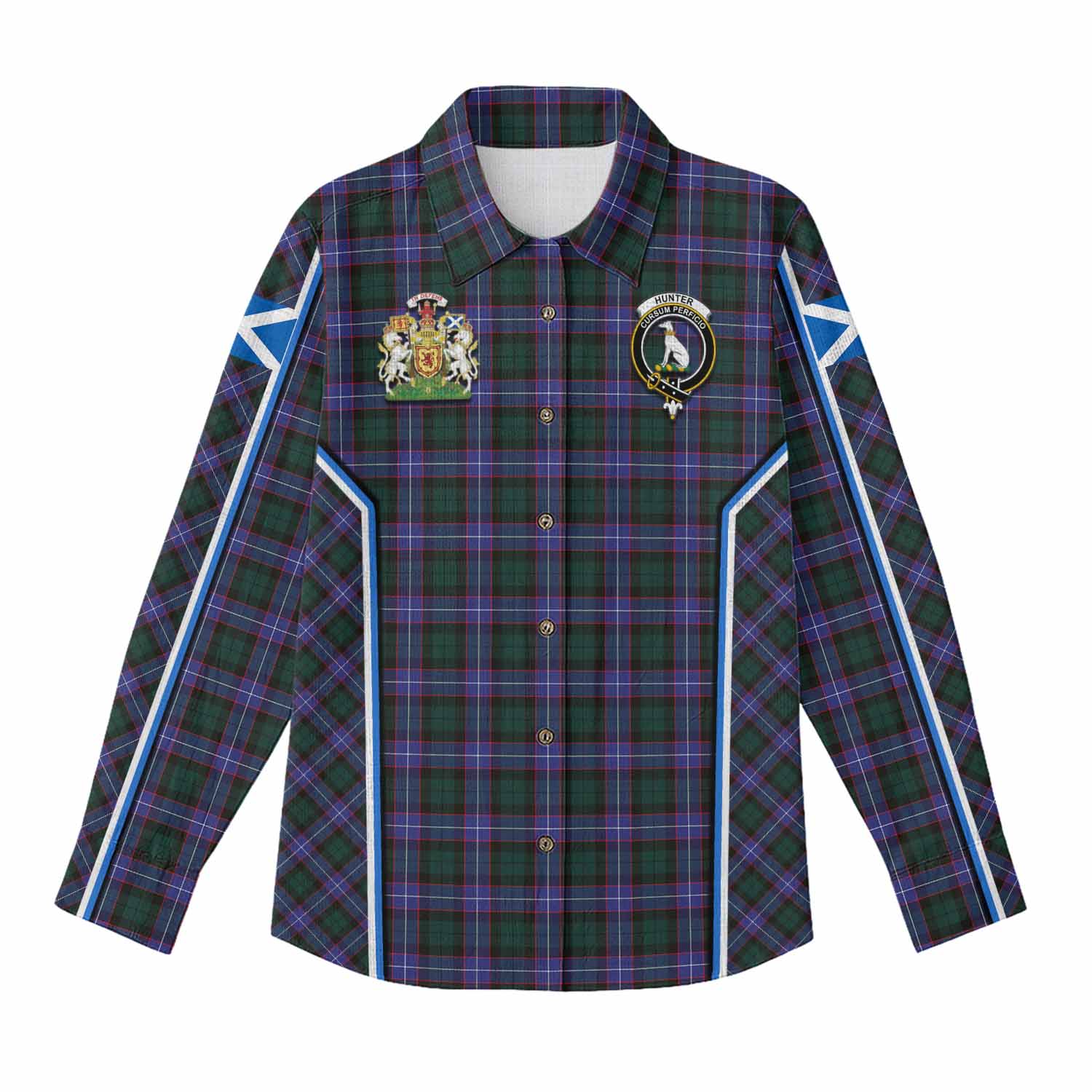 Hunter (Hunterston) Tartan Crest Women Casual Shirt Scotland Coat of Arm Flag Style - Tartan Vibes Clothing