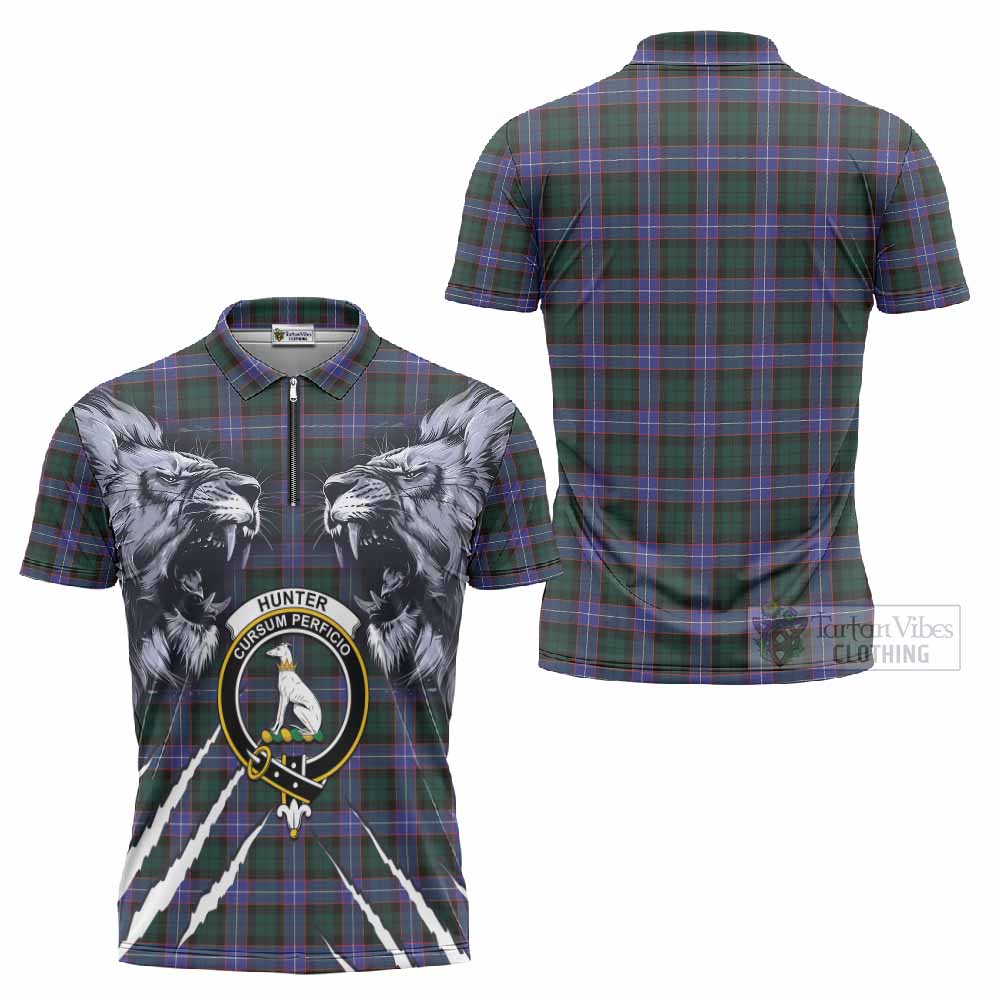 Hunter (Hunterston) Tartan Crest Zipper Polo Shirt Ferocious Lion Style