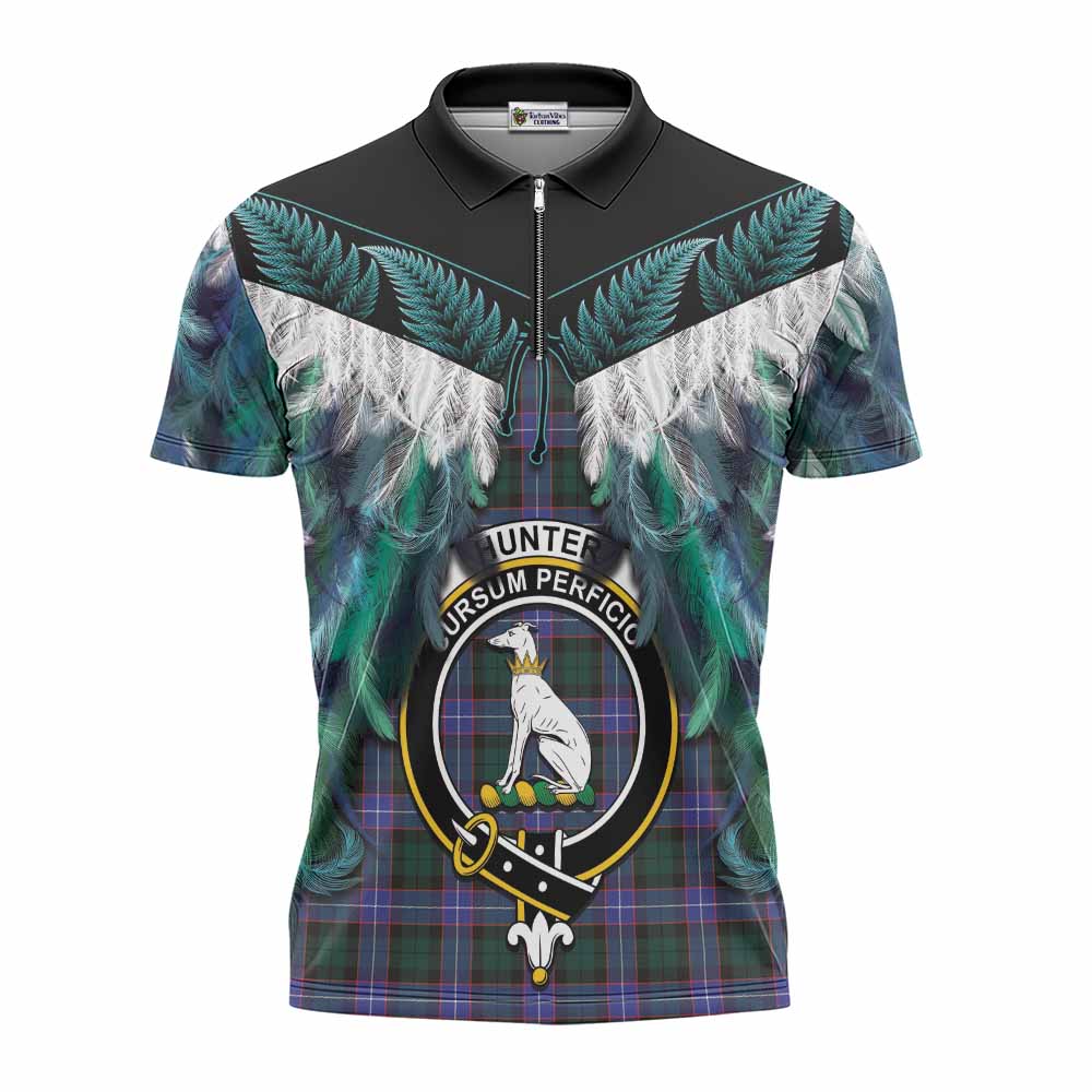 Hunter (Hunterston) Tartan Crest Zipper Polo Shirt New Zealand Maori Korowai Cloak