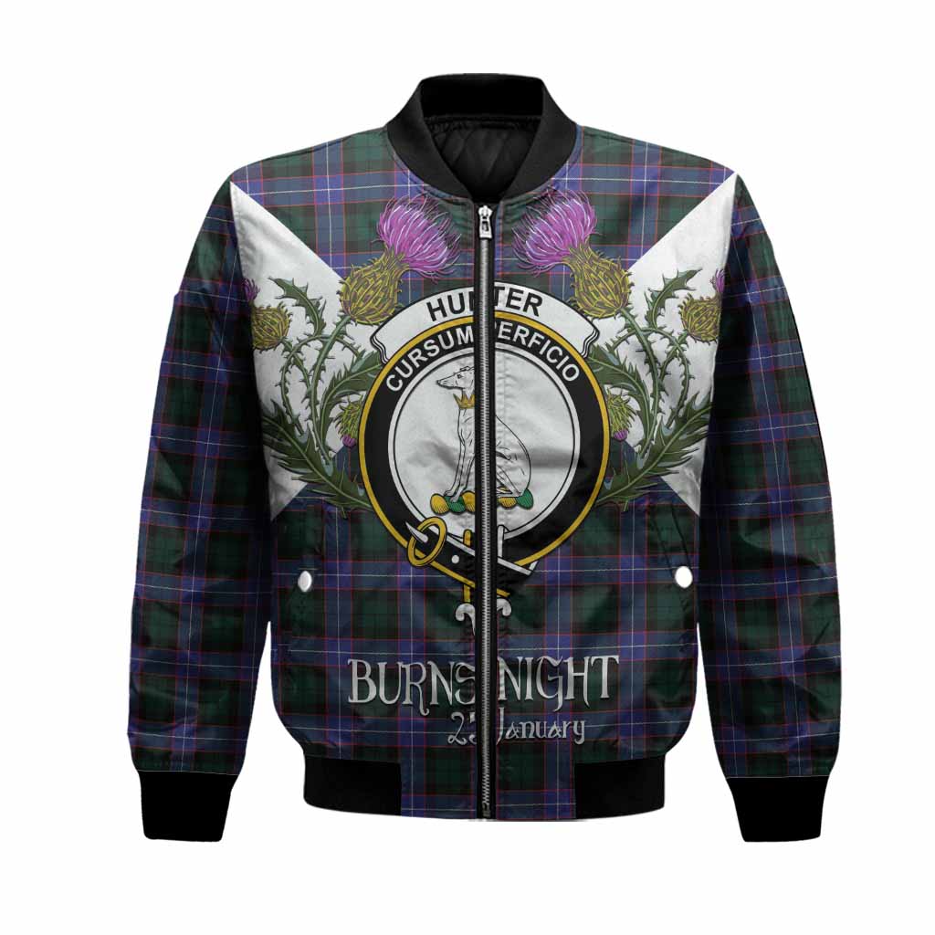 Hunter (Hunterston) Tartan Family Crest Bomber Jacket Scottish Burns Night Thistle Floral