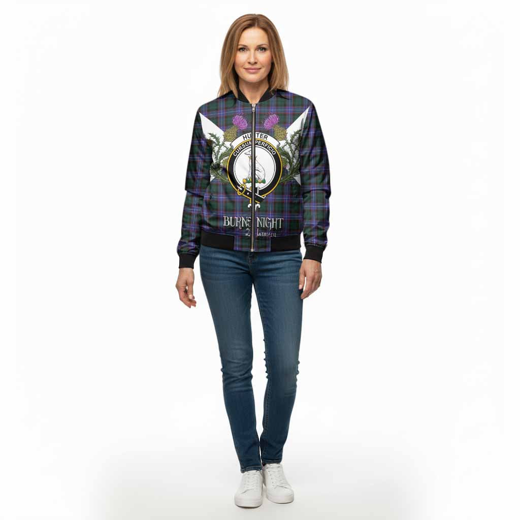 Hunter (Hunterston) Tartan Family Crest Bomber Jacket Scottish Burns Night Thistle Floral
