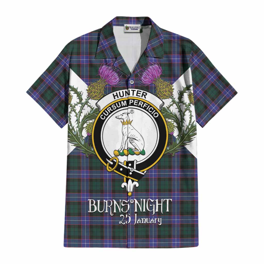 Hunter (Hunterston) Tartan Family Crest Cotton Hawaiian Shirt Scottish Burns Night Thistle Floral