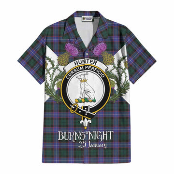 Hunter (Hunterston) Tartan Family Crest Cotton Hawaiian Shirt Scottish Burns Night Thistle Floral