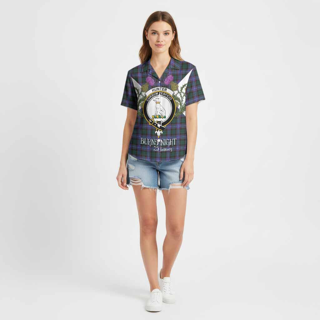 Hunter (Hunterston) Tartan Family Crest Cotton Hawaiian Shirt Scottish Burns Night Thistle Floral