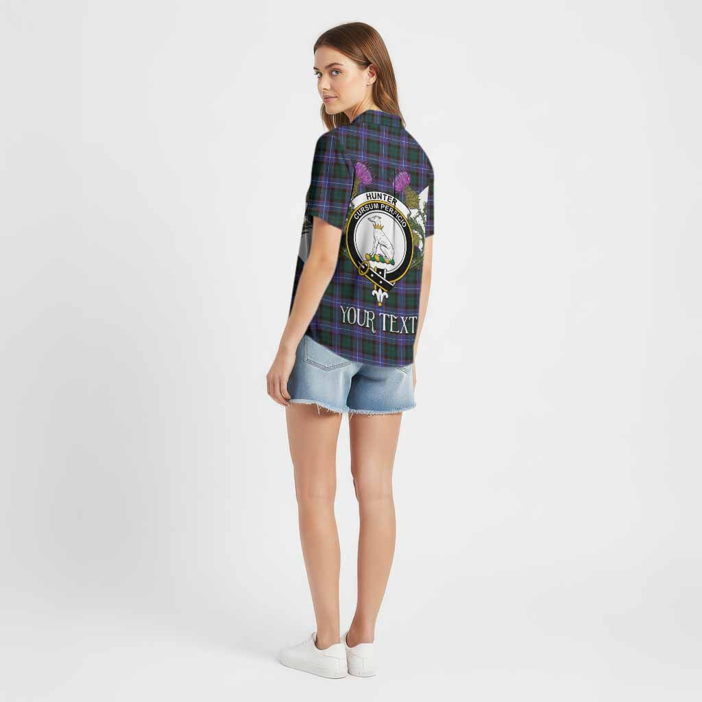 Hunter (Hunterston) Tartan Family Crest Cotton Hawaiian Shirt Scottish Burns Night Thistle Floral