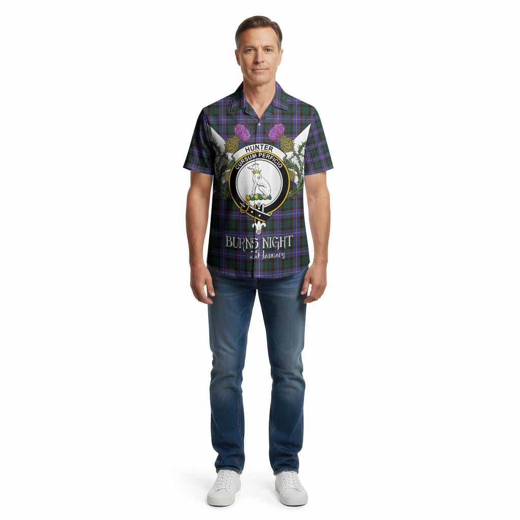 Hunter (Hunterston) Tartan Family Crest Cotton Hawaiian Shirt Scottish Burns Night Thistle Floral