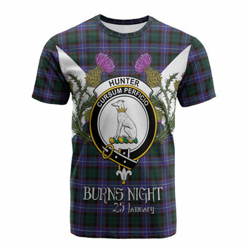 Hunter (Hunterston) Tartan Family Crest Cotton T-shirt Scottish Burns Night Thistle Floral