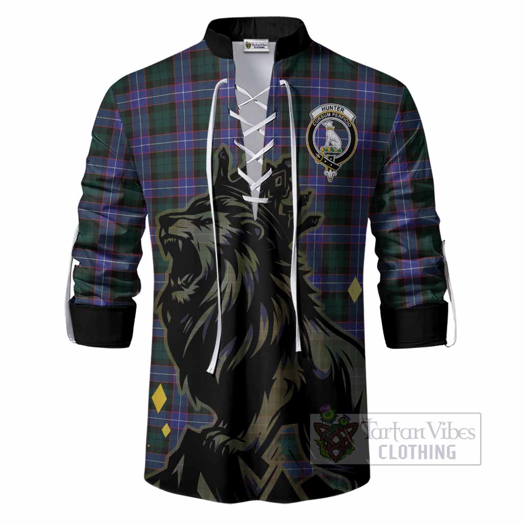 Hunter (Hunterston) Tartan Family Crest Ghillie Shirt Crowned Lion Roaring