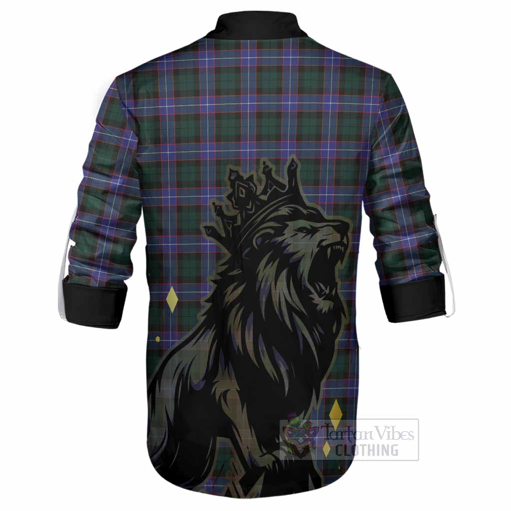 Hunter (Hunterston) Tartan Family Crest Ghillie Shirt Crowned Lion Roaring