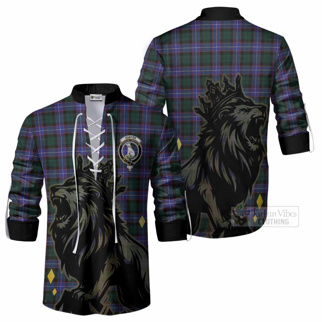 Hunter (Hunterston) Tartan Family Crest Ghillie Shirt Crowned Lion Roaring