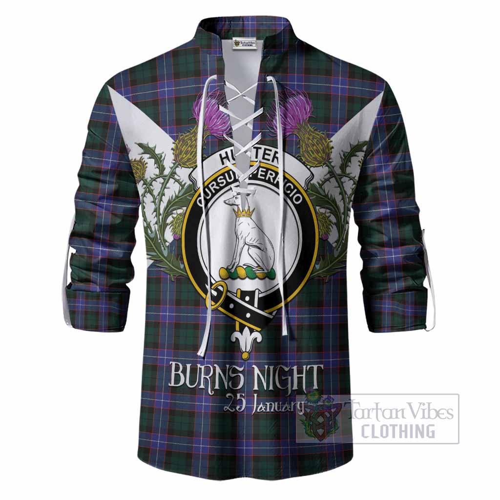 Hunter (Hunterston) Tartan Family Crest Ghillie Shirt Scottish Burns Night Thistle Floral