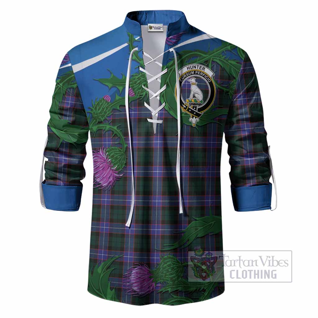 Hunter (Hunterston) Tartan Family Crest Ghillie Shirt Thistle in Minimalism