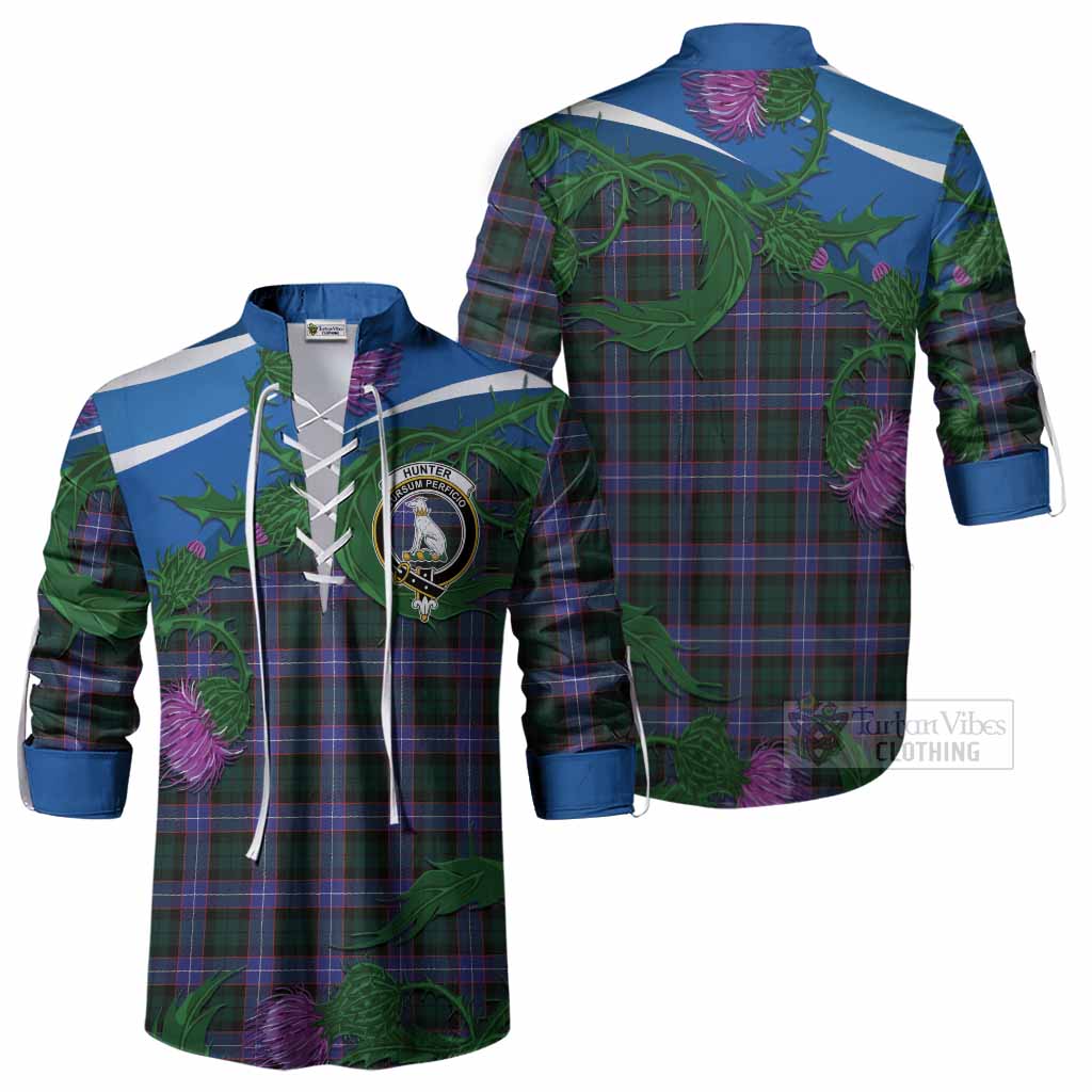 Hunter (Hunterston) Tartan Family Crest Ghillie Shirt Thistle in Minimalism
