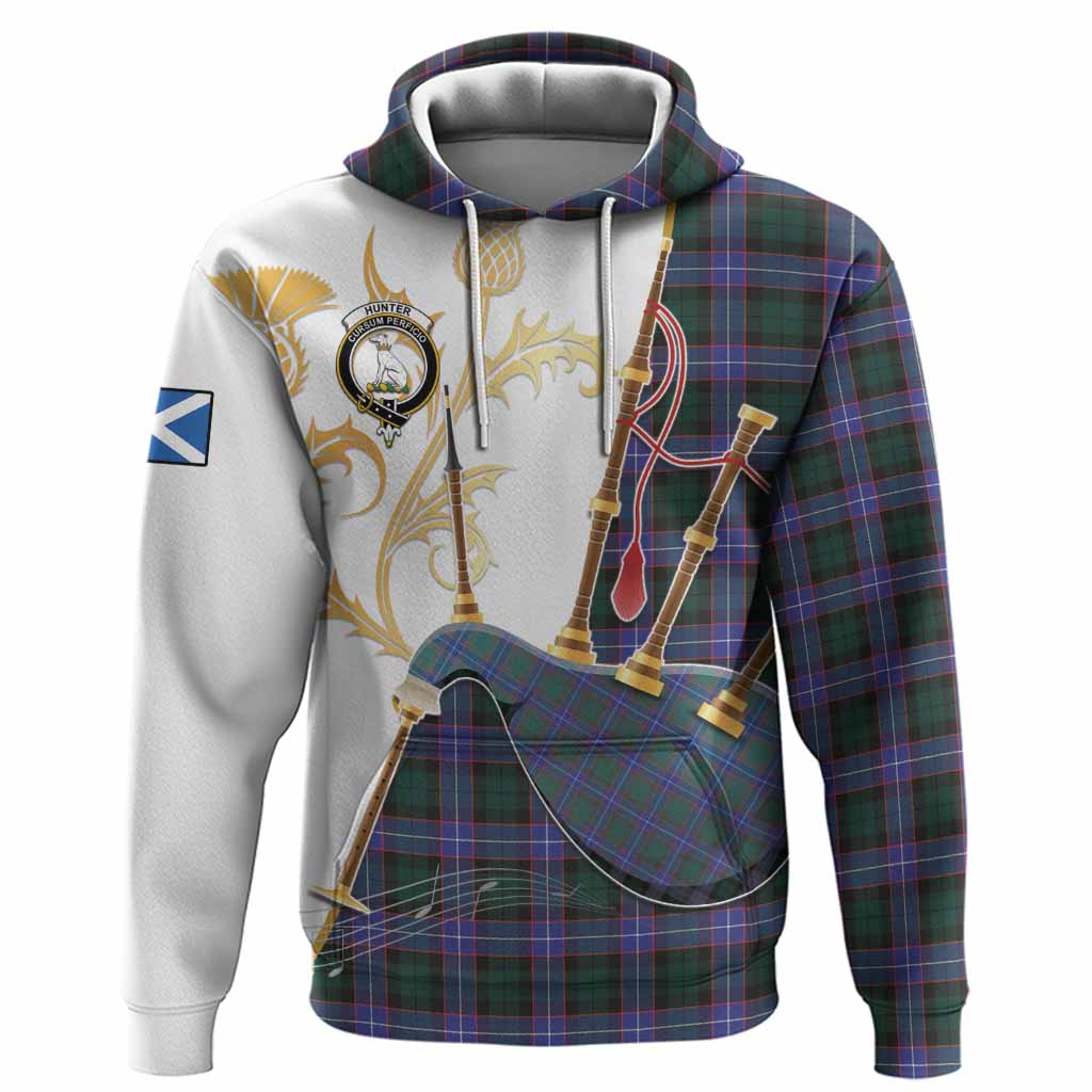 Hunter (Hunterston) Tartan Family Crest Hoodie Bagpipes with Scottish Thistle