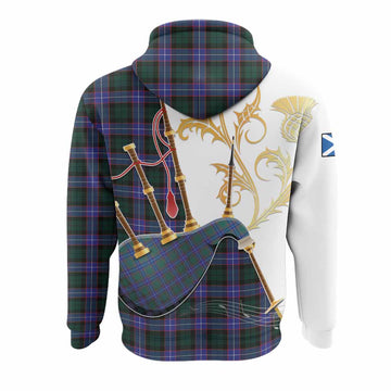 Hunter (Hunterston) Tartan Family Crest Hoodie Bagpipes with Scottish Thistle