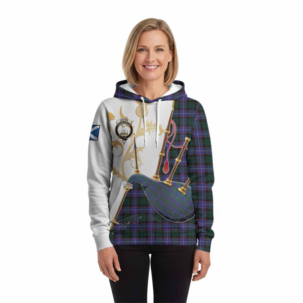 Hunter (Hunterston) Tartan Family Crest Hoodie Bagpipes with Scottish Thistle