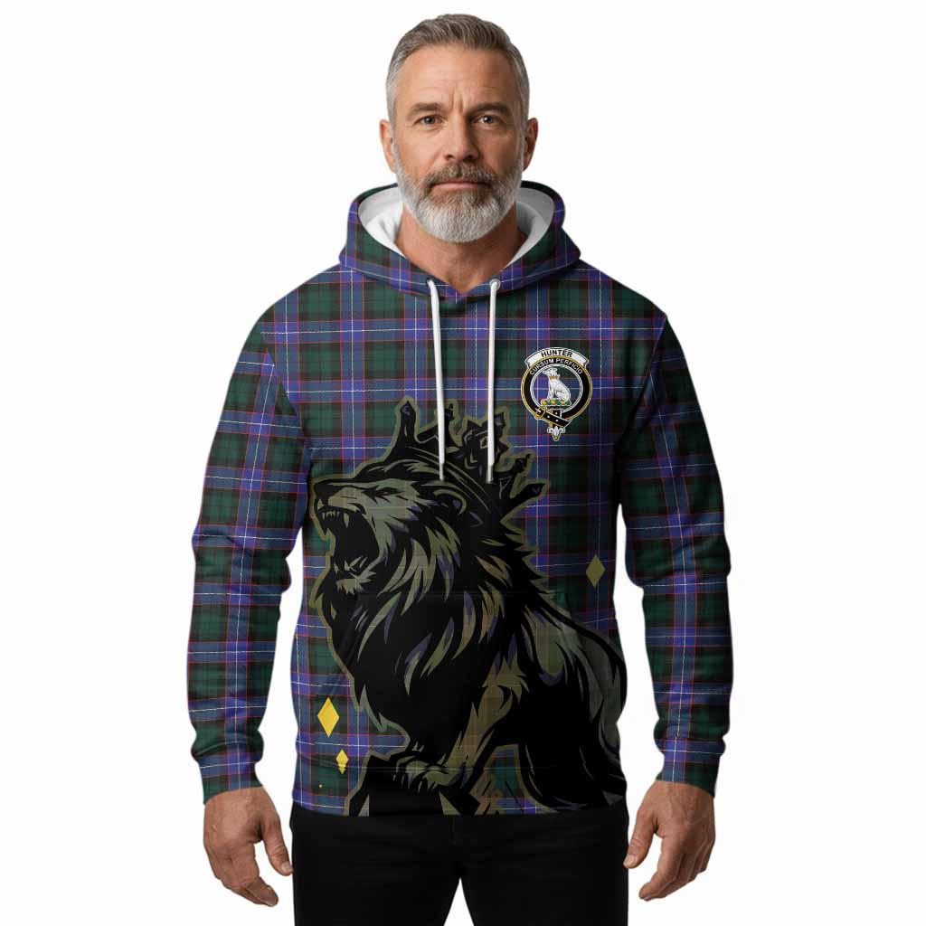 Hunter (Hunterston) Tartan Family Crest Hoodie Crowned Lion Roaring