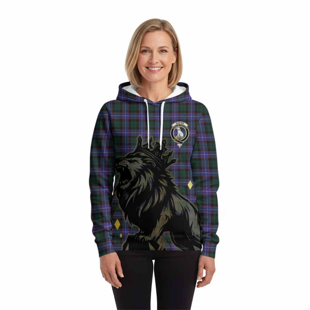 Hunter (Hunterston) Tartan Family Crest Hoodie Crowned Lion Roaring
