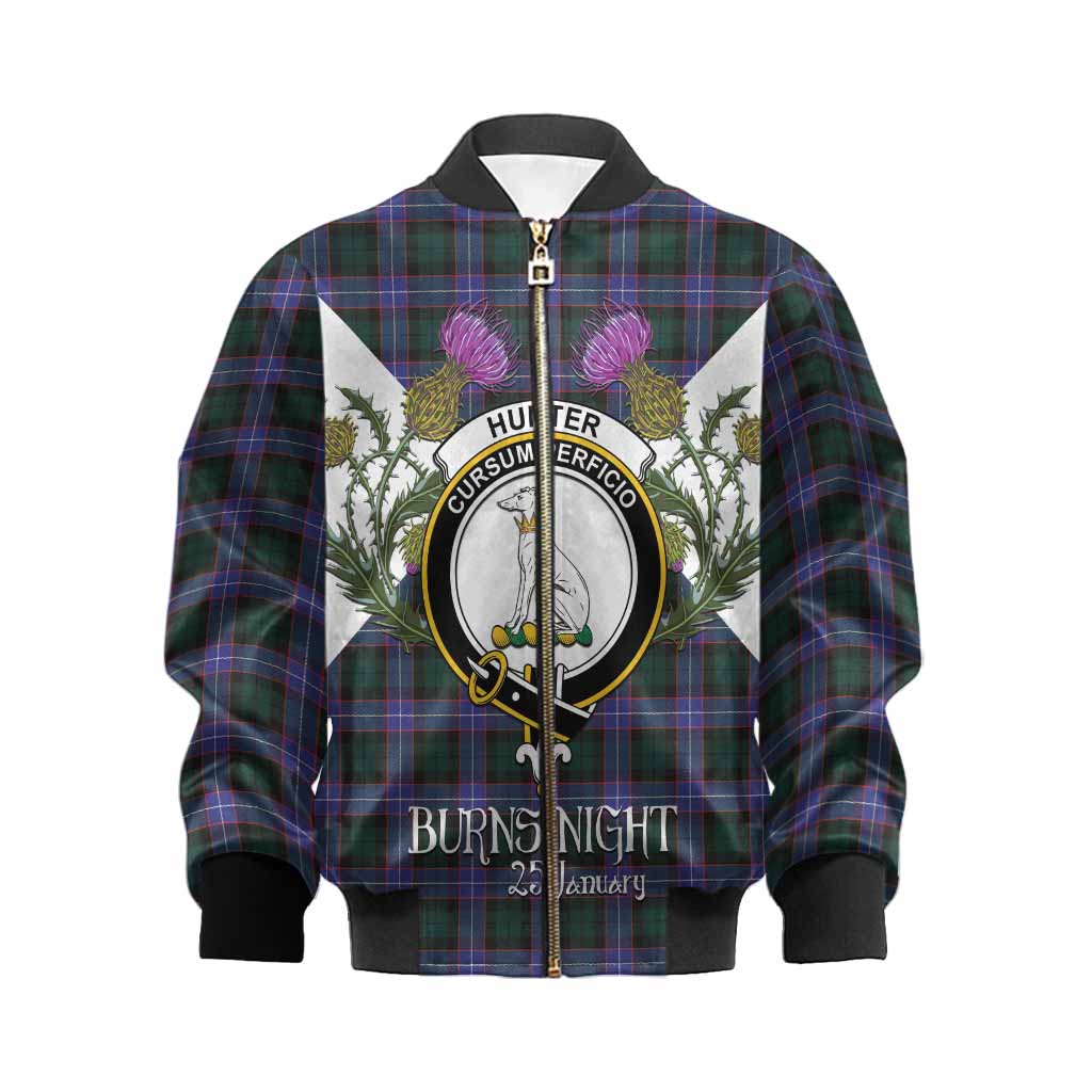 Hunter (Hunterston) Tartan Family Crest Kid Bomber Jacket Scottish Burns Night Thistle Floral