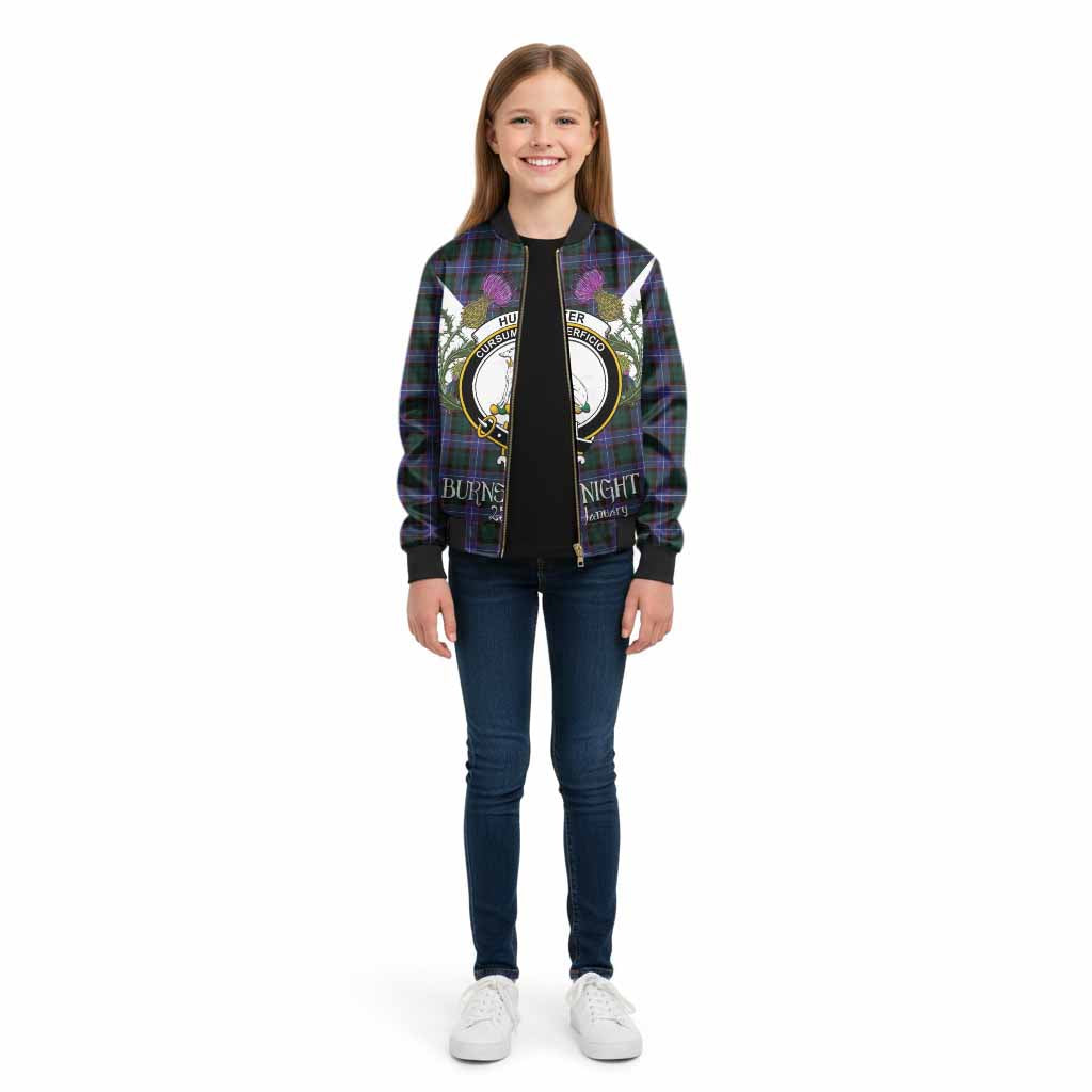 Hunter (Hunterston) Tartan Family Crest Kid Bomber Jacket Scottish Burns Night Thistle Floral