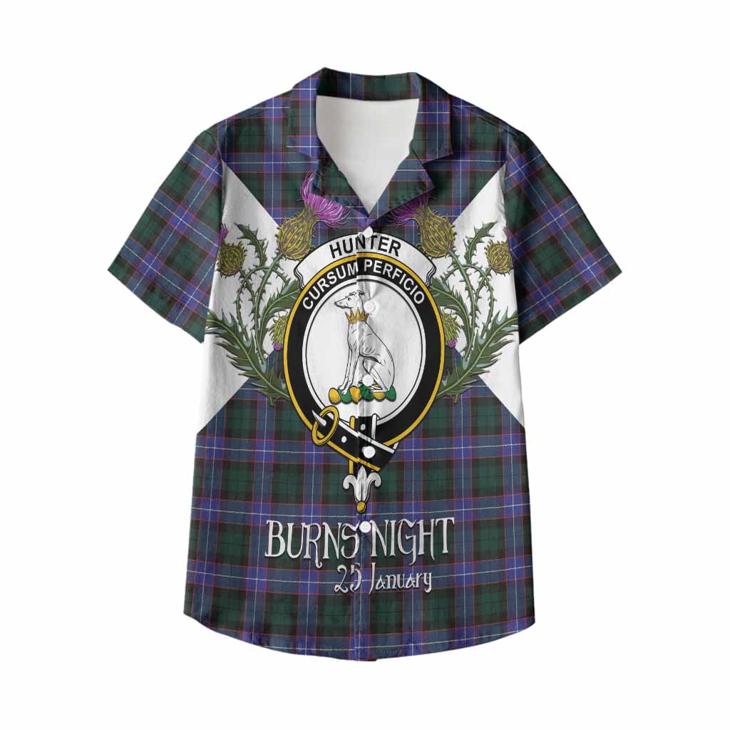 Hunter (Hunterston) Tartan Family Crest Kid Hawaiian Shirt Scottish Burns Night Thistle Floral