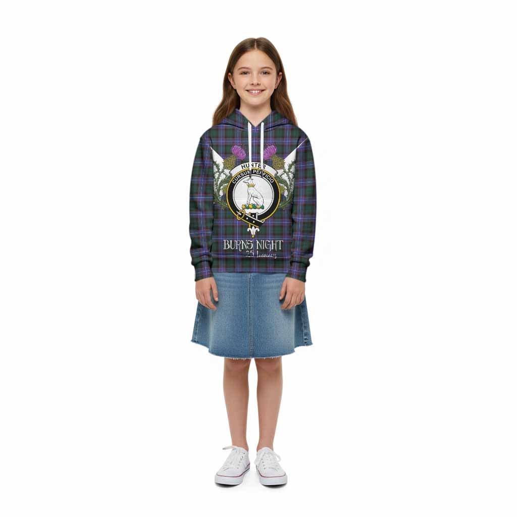 Hunter (Hunterston) Tartan Family Crest Kid Hoodie Scottish Burns Night Thistle Floral