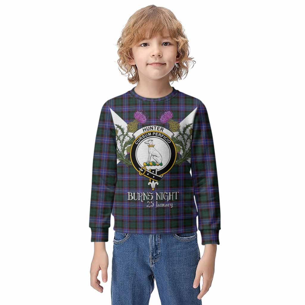 Hunter (Hunterston) Tartan Family Crest Kid Knitted Sweatshirt Scottish Burns Night Thistle Floral