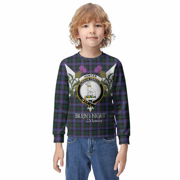 Hunter (Hunterston) Tartan Family Crest Kid Knitted Sweatshirt Scottish Burns Night Thistle Floral